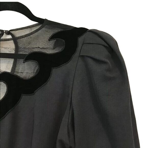 Isabel Allard Size 12 1980s Velvet Trim Puff Sleeve Tulip Dress Semi Sheer - Picture 7 of 8